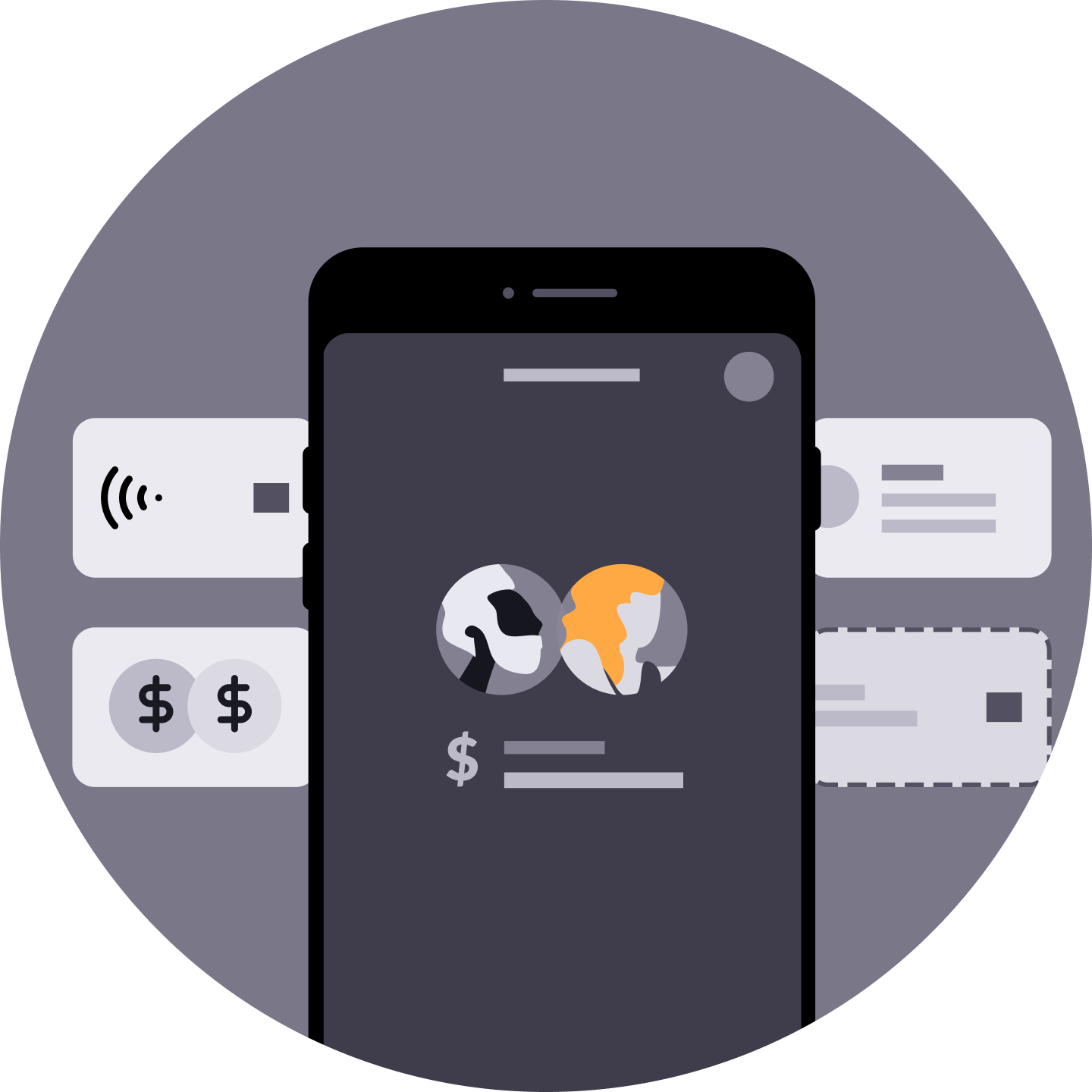Vectorial illustration of a digital wallet app with multiple tokenized payment options
